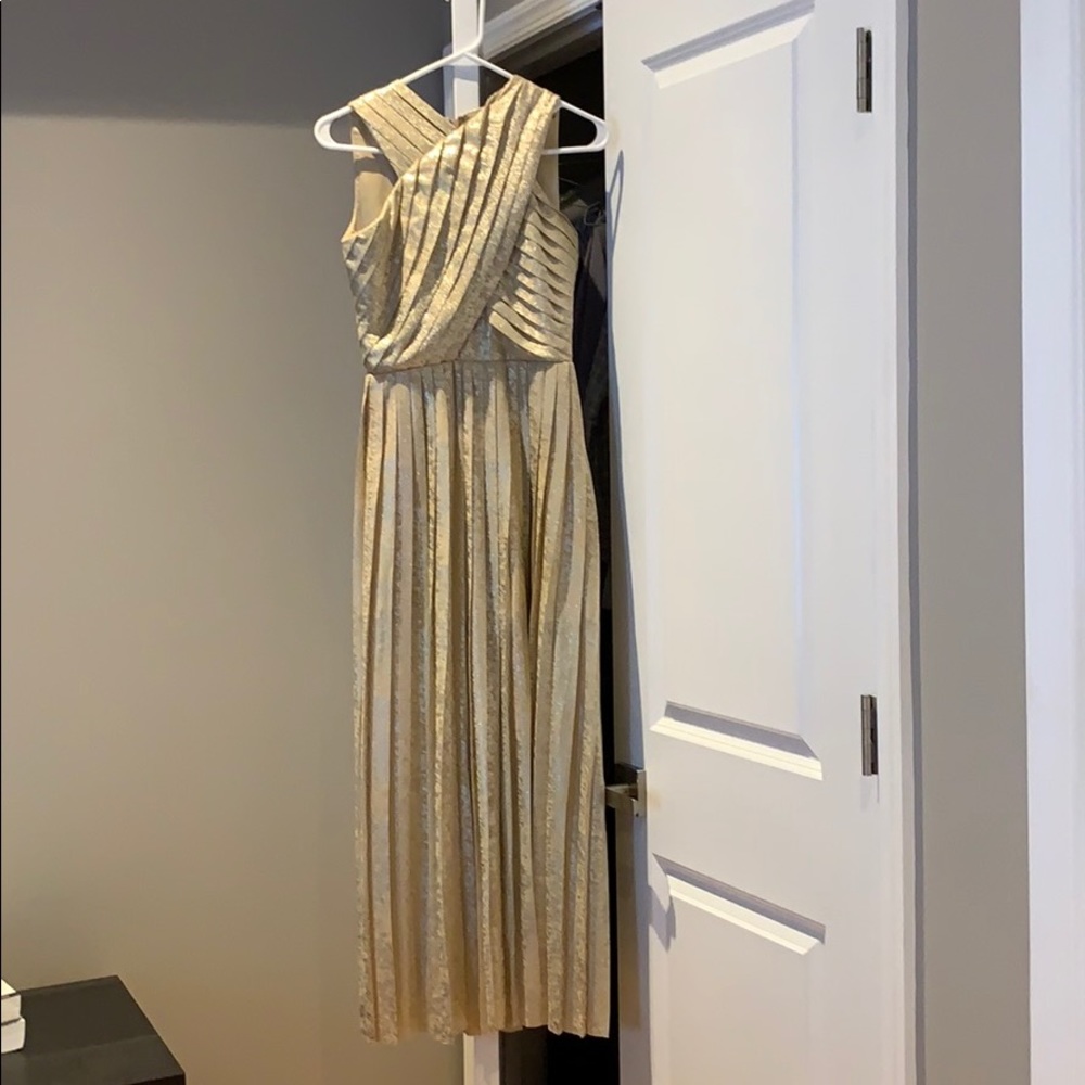 ASOS V label gold metallic foil pleated dress